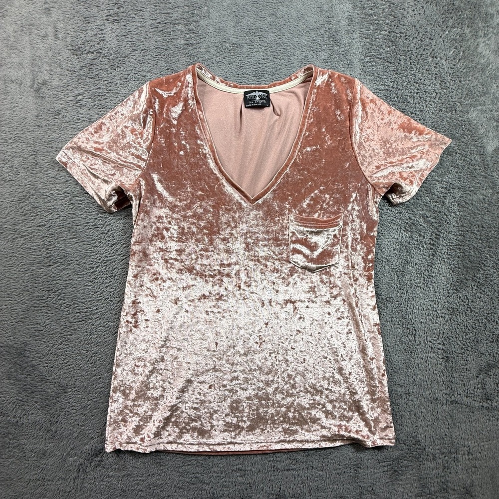 Bird & Vine LA Crushed Velvet Top Pink Ombre V-Neck Pocket Tee Size L USA Made